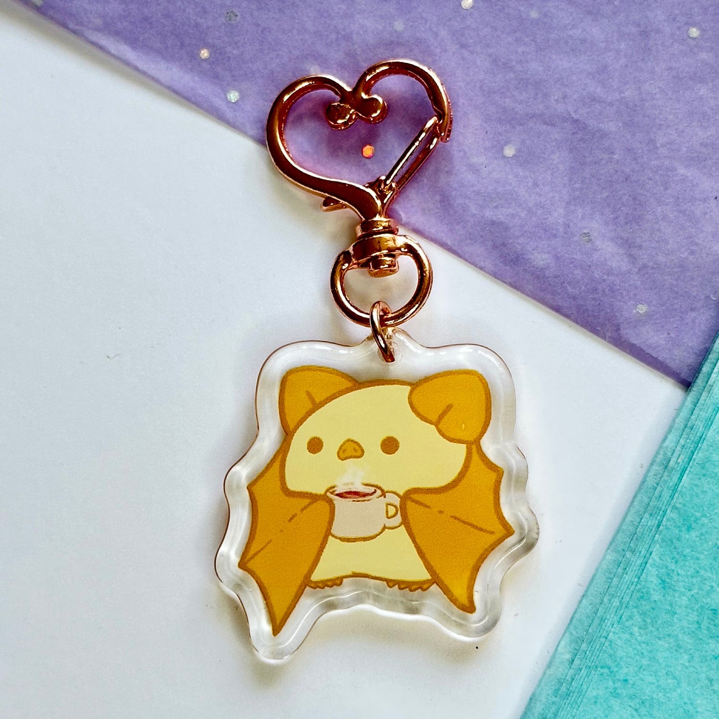 Cute Honduran Bat Acrylic Keychain – Kawaii Coffee Bat Double-Sided Glitter Charm