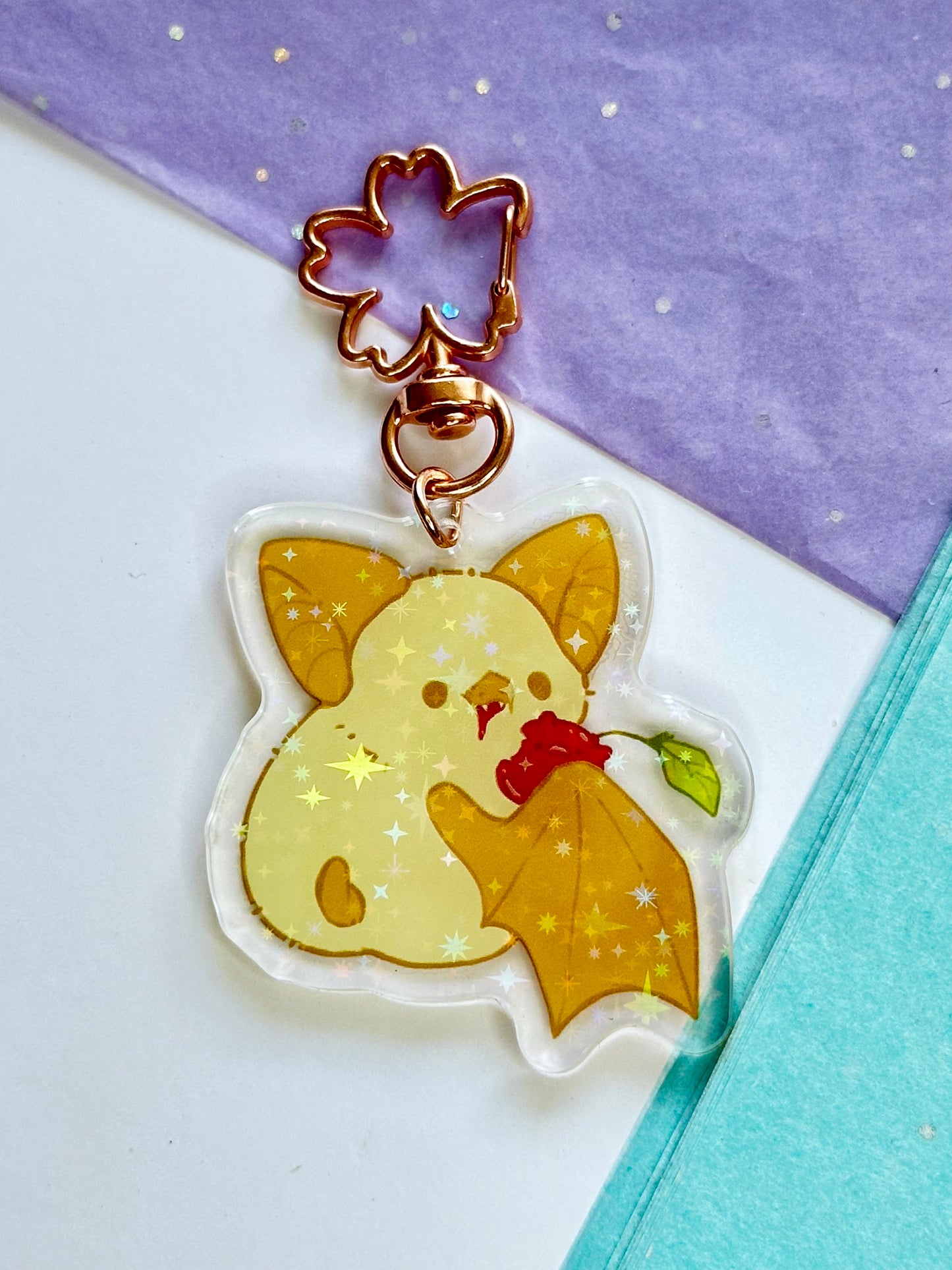 Cute Honduran Bat Eating Cherry Acrylic Keychain – Double-Sided Glitter Charm