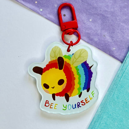 Bee Yourself Acrylic Keychain | Cute Rainbow Bee Charm | 1.97 Inch Kawaii Bee Keychain | Pride Gift | Double-Sided Acrylic Charm
