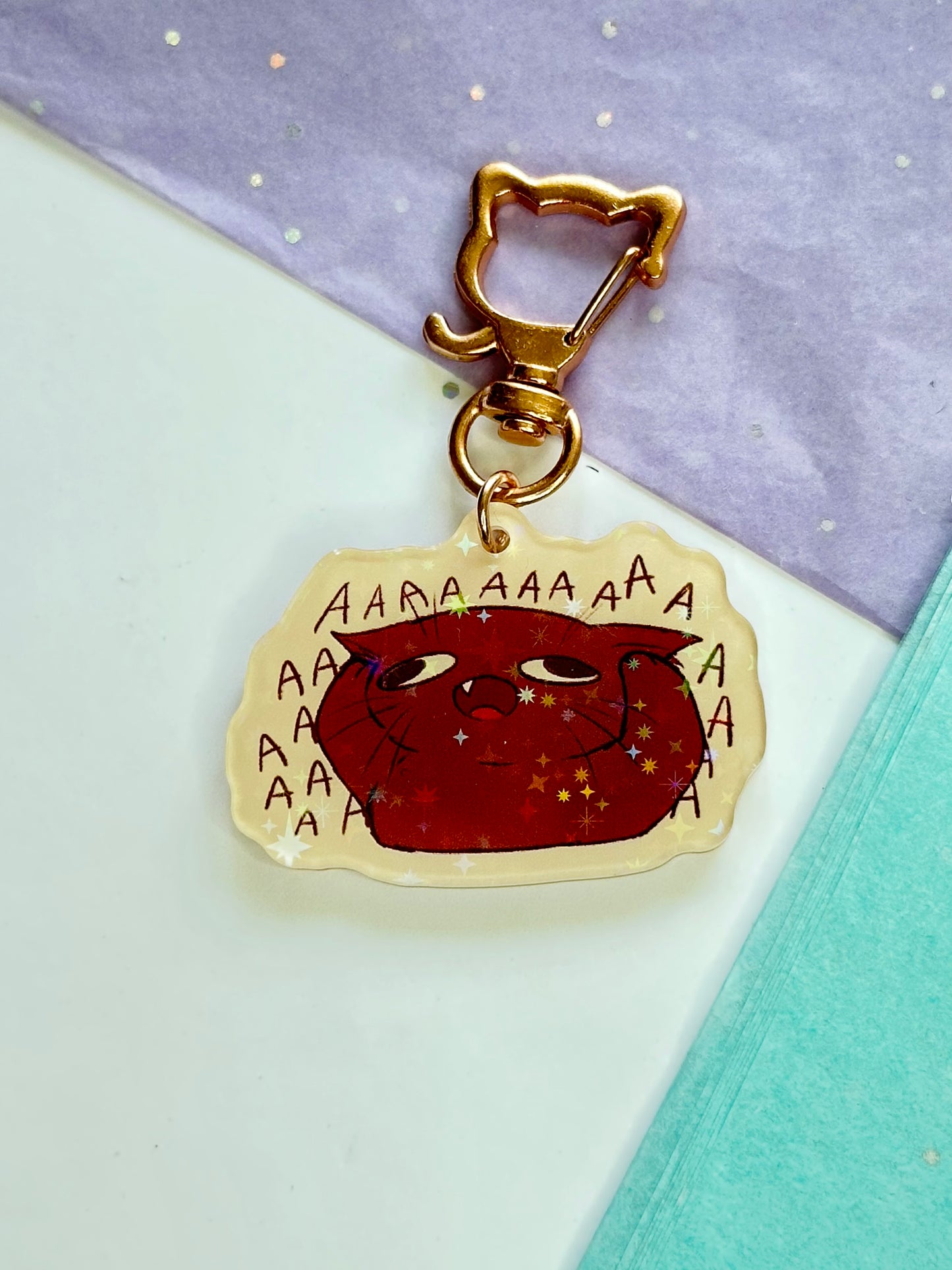 Funny Screaming Cat Acrylic Keychain – AAAA Meme Double-Sided Glitter Charm