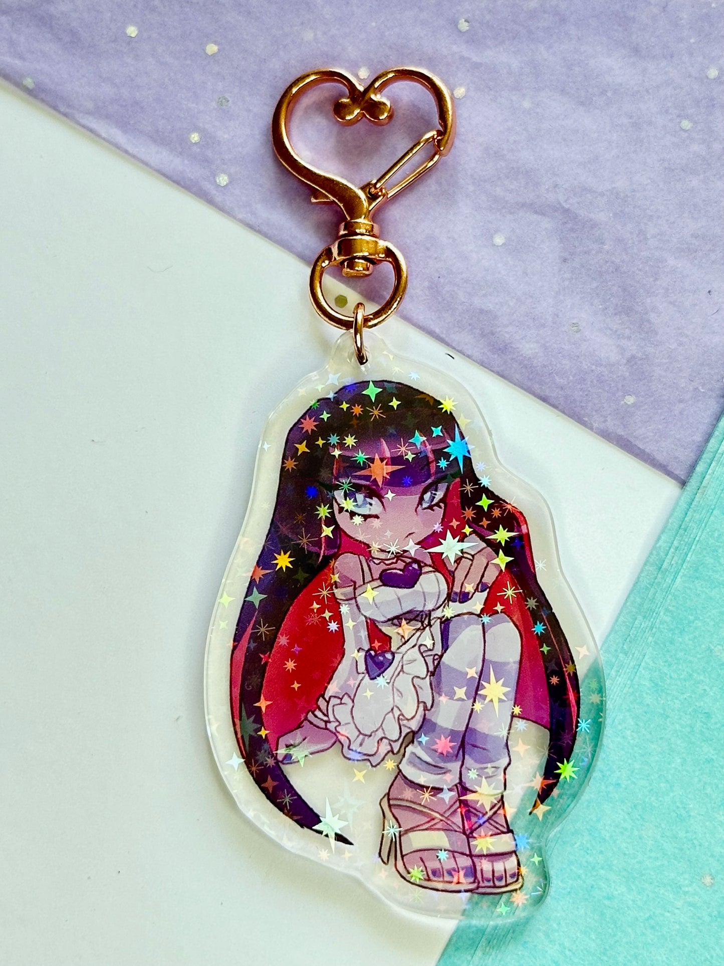 Stocking Anime Acrylic Keychain | Double-Sided Glitter Charm | Cute Anime Ita Bag Charm | Sparkly Acrylic Keychain Gift
